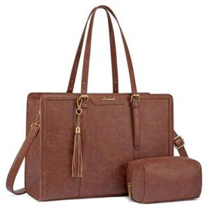 Laptop Tote Bag for Women,15.6 Inch Vintage Work Bag with Clutch,Large Leather